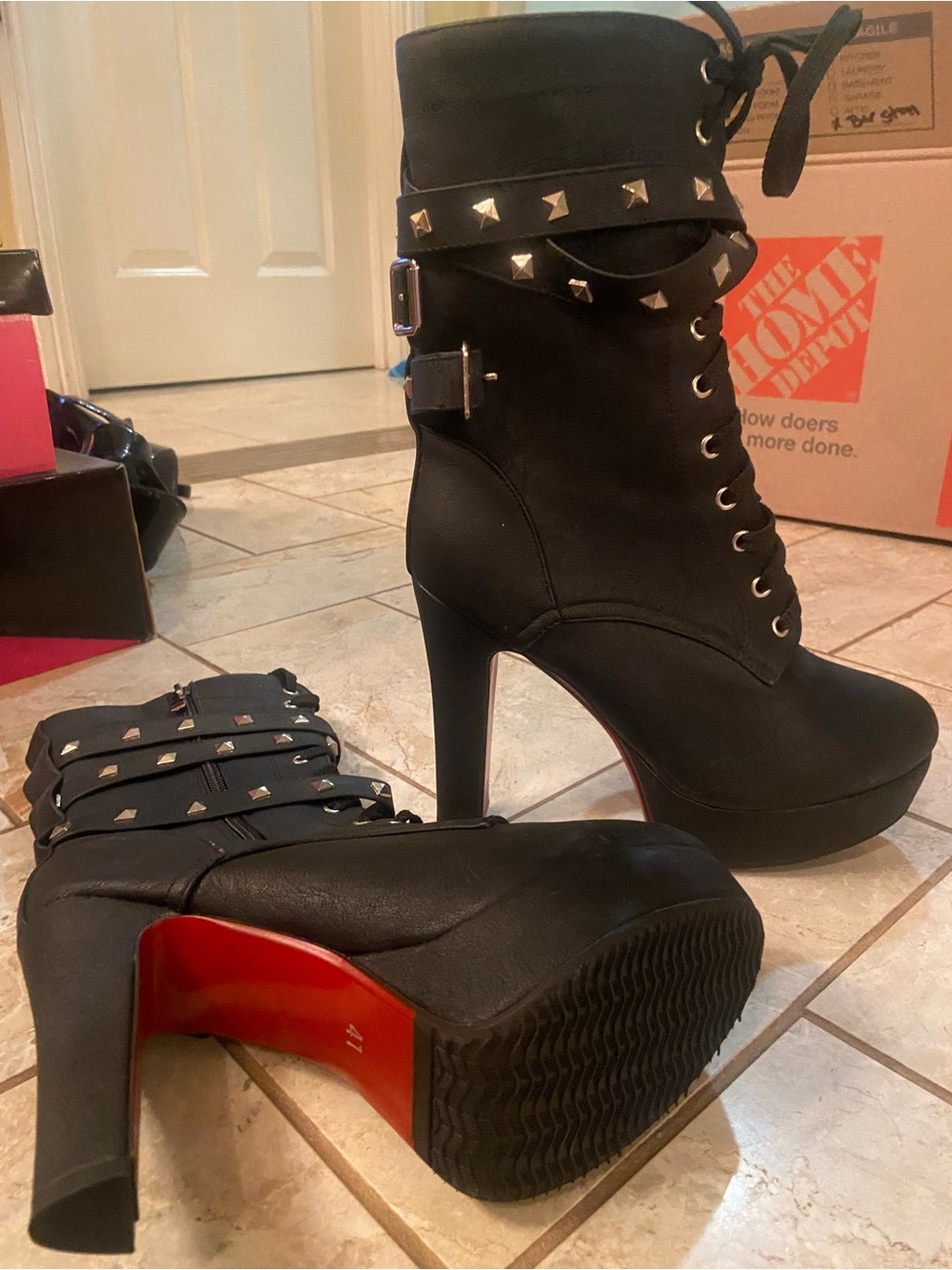Women's Black Studded Lace-Up Platform Ankle Boots